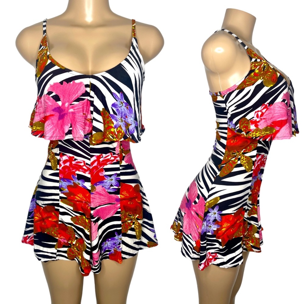 Tropical Women Short Jumpsuit Size S and M Stretchy Spaghetti Strap Flare Romper